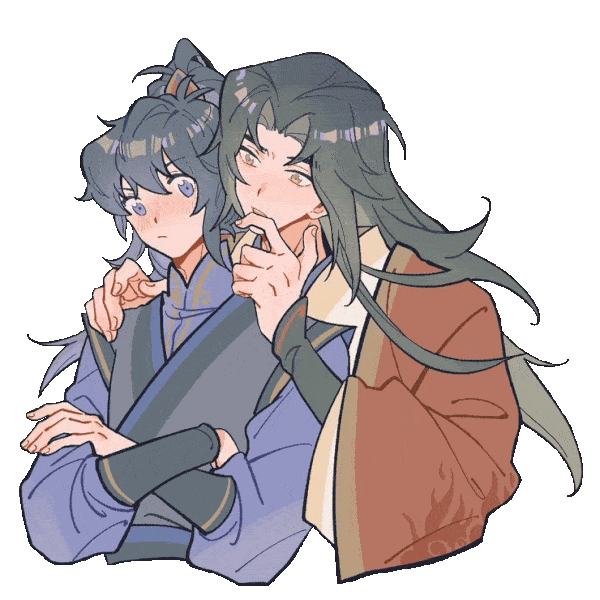 Illustration of Wenren É with his arm around Yin Hanjian's shoulders and a pensive expression.