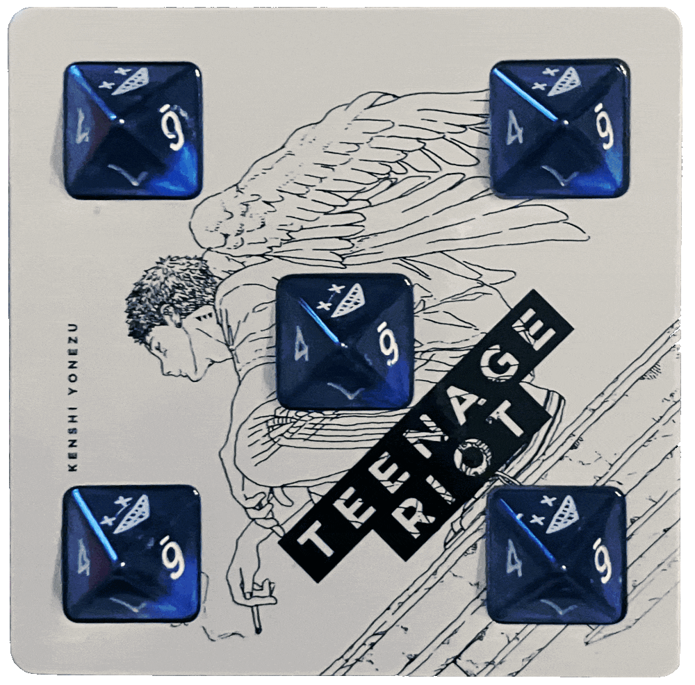 Five translucent dark blue eight-sided dice