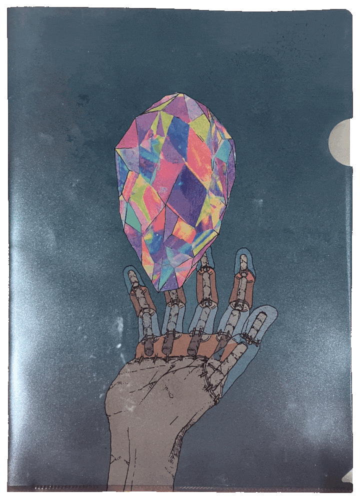 Blue folder with an illustration of a robotic hand holding a crystal