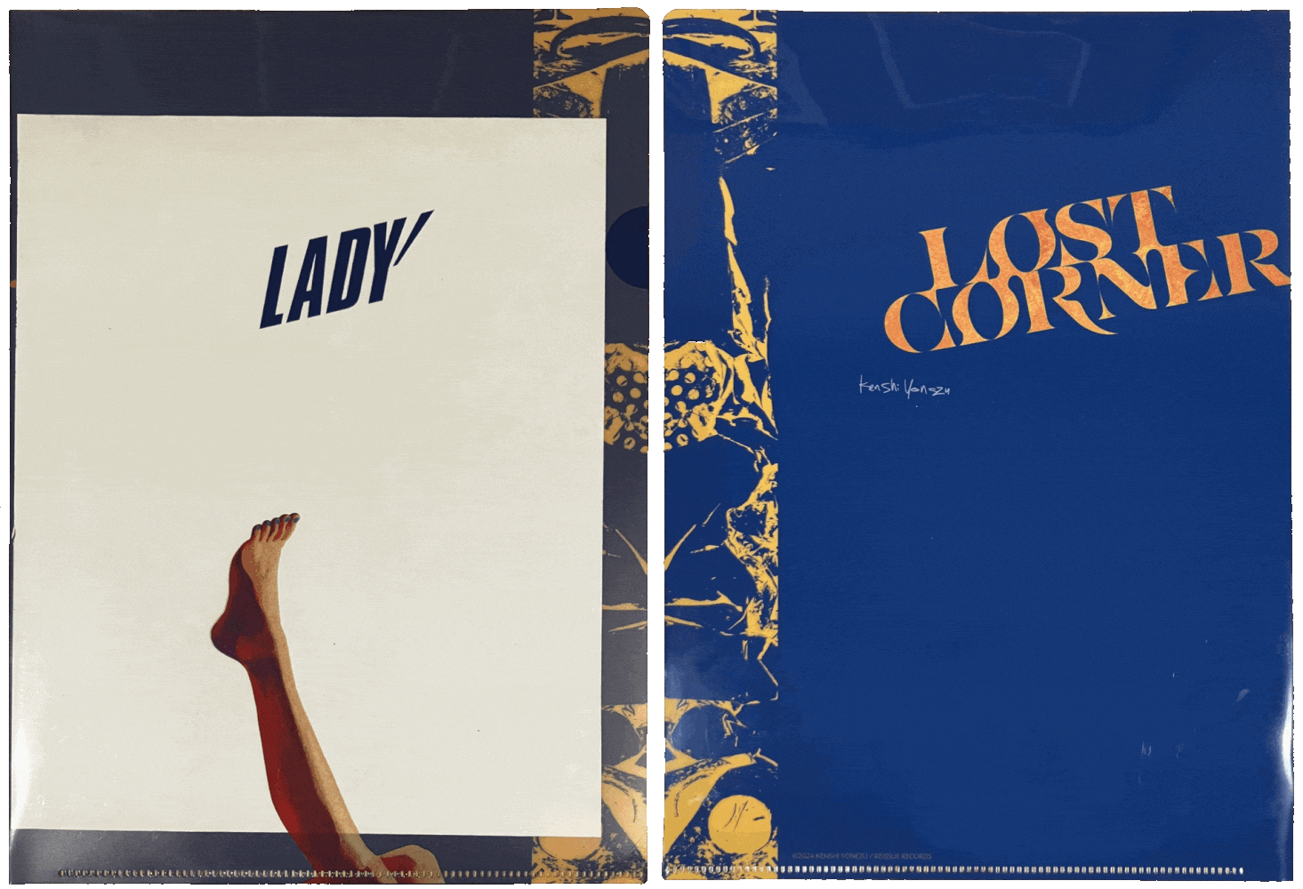 Double sided folder. The front says Lady with a single outstretched leg. The back says 'Lost Corner'