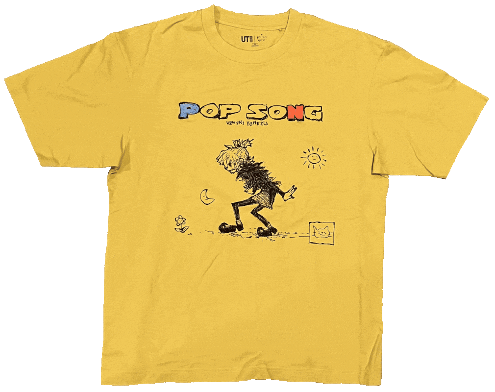 Mustard Yellow shirt with the words 'Pop Song' and a doodle of Kenshi Yonezu on it